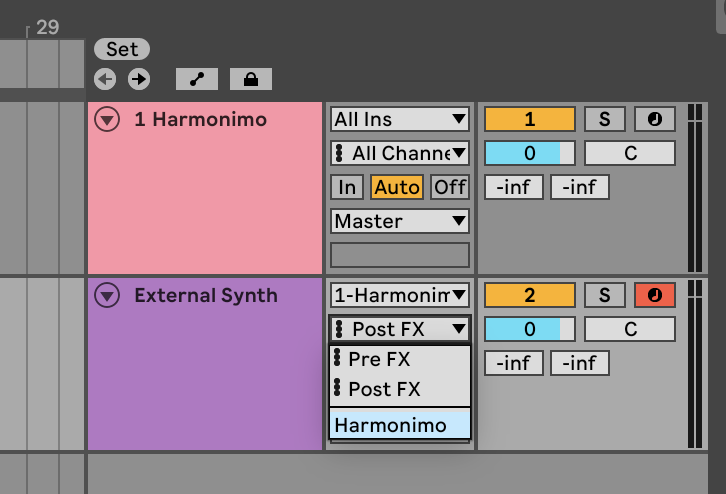 Ableton Live second MIDI chooser showing Post FX and Harmonimo routing options