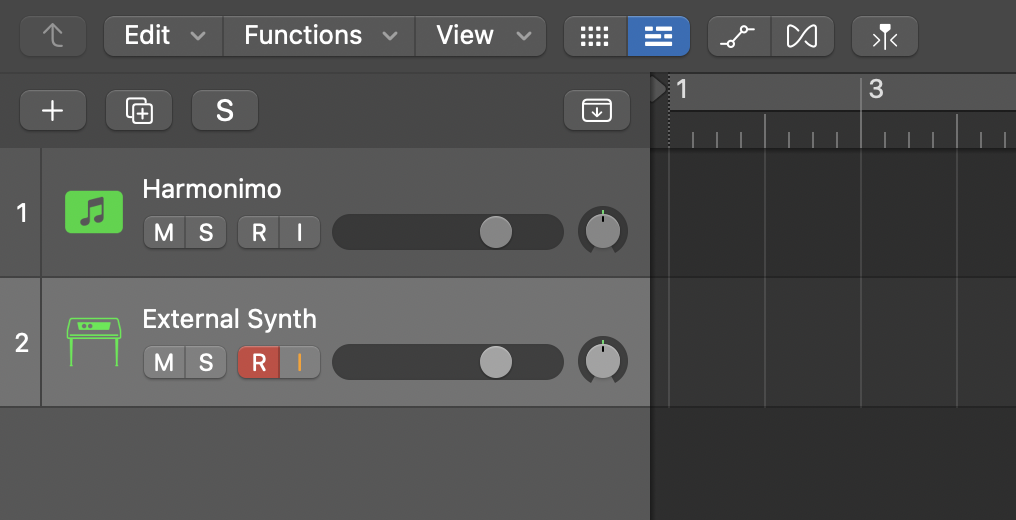 Logic Pro with a Harmonimo track and an armed external synth track