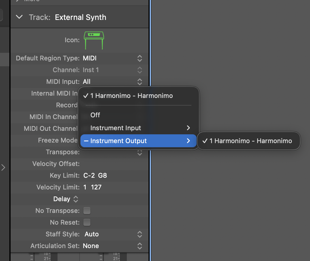 Logic Pro Instrument Output menu selecting Harmonimo as the MIDI source