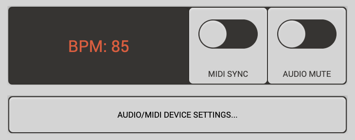 Harmonimo BPM, MIDI sync, audio mute, and device settings
